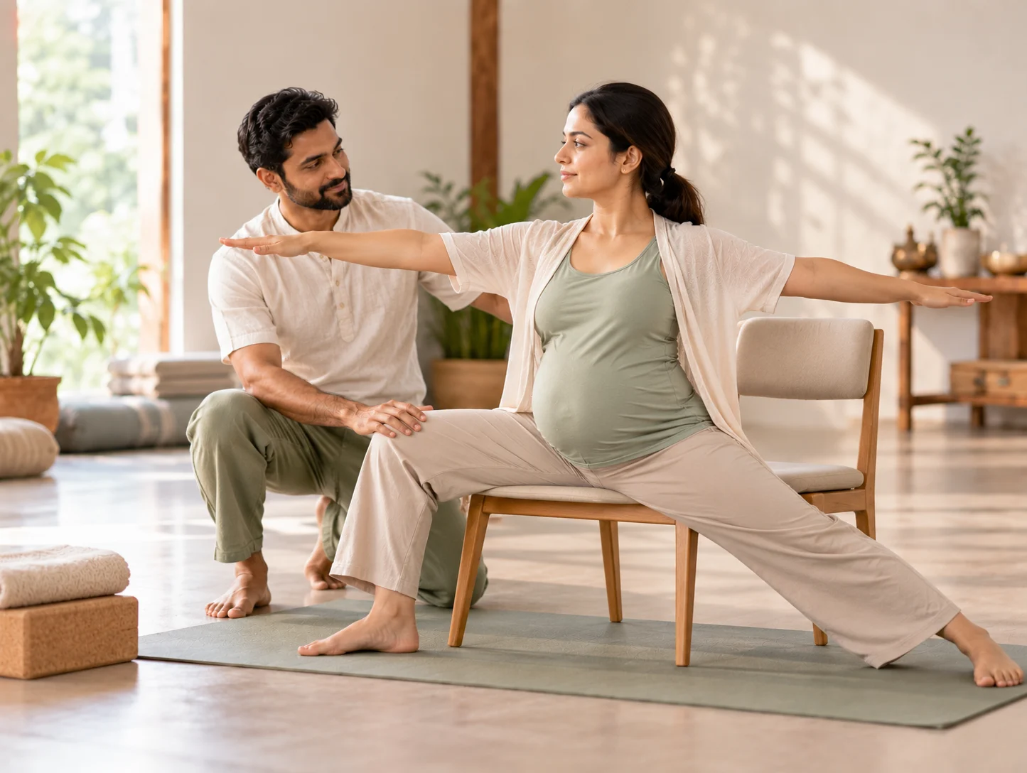 Two students in a teacher-guided seated practice
